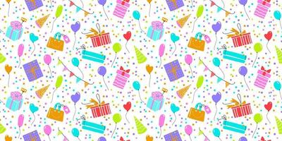 Celebration vector seamless pattern with gift boxes, confetti, balloons. Colorful simple happy birthday repeatable background.