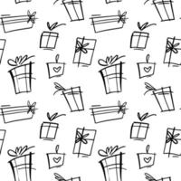 Seamless vector pattern with hand drawn gift boxes with bows, hearts and ribbons. Sketch repeatable design for wrapping paper, wallpaper, backgrounds, greeting materials, promo and banners.