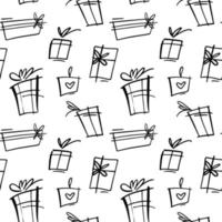 Seamless vector pattern with hand drawn gift boxes with bows, hearts and ribbons. Sketch repeatable design for wrapping paper, wallpaper, backgrounds, greeting materials, promo and banners.