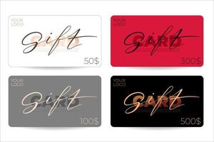 Set of gift cards with logo place, text, denomination and hand written word Gift. Templates with various color combinations. Vector illustration.