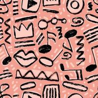 Vector seamless hand-drawn pattern with ovals, swirls, stripes, rectangular shape, crown, lips, zigzag, play button, music notes and treble clef. Grunge shapes colorful backdrop.