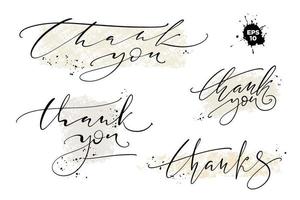 Set of custom THANK YOU hand lettering. Vector illustration with testured backgrounds and ink splashes.