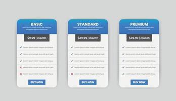 Pricing tables plan table Comparison tariff chart vector