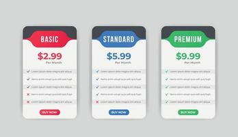 Pricing tables plan Comparison chart infographic design template vector