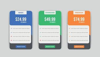 Clean Pricing chart table comparison infographic Banner design vector