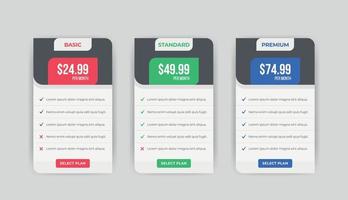 Comparison Pricing tables plan chart design template vector