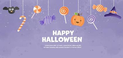 feliz pancarta de halloween con una linda bruja y caramelos al estilo del color del agua. vector