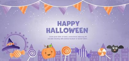 HHappy Halloween banner with cute witch and candys  in water color style. vector