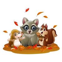 Cartoon funny raccoon, hedgehog and squirrel in the autumn weather vector