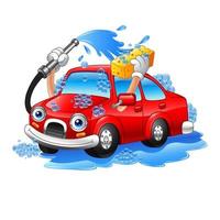 Cartoon funny car washing with water pipe and sponge vector