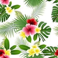 Seamless pattern of tropical flowers and tropical leaves vector