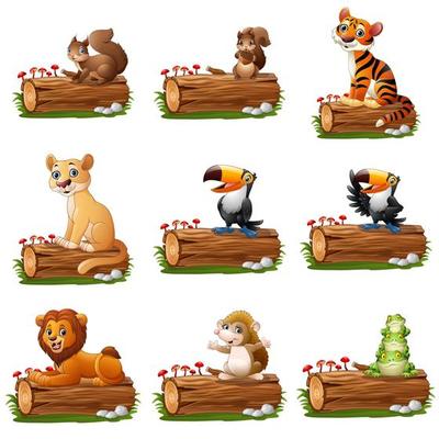 Cartoon animal on tree log