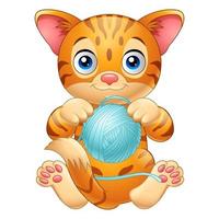 Cartoon baby cat playing with ball of blue yarn vector