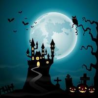 Halloween night background with zombie walking, pumpkins, castle and full moon vector