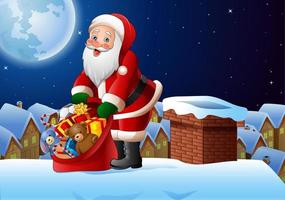Cartoon Santa Clause holding bag of presents on the roof top vector