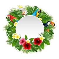 Round blank sign with birds collection and tropical plants background vector