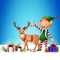 Cartoon funny elf with deer and gift boxes vector