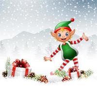 Christmas background with happy elf vector