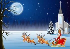 Santa Claus rides reindeer sleigh in front of church in Christmas night vector