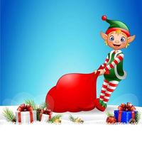 Christmas background with elf pulling a bag full of gifts vector