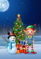 Christmas background with elf and snowman vector