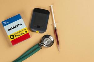 Fake medicine box with the name of the disease Diabetes and a glucometer. photo