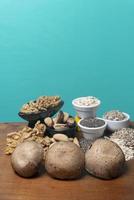 Food as a source of minerals such as zinc, magnesium, copper and selenium - chia seeds, sunflower seeds, nuts, chestnuts photo