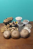 Food as a source of minerals such as zinc, magnesium, copper and selenium - chia seeds, sunflower seeds, nuts, chestnuts photo