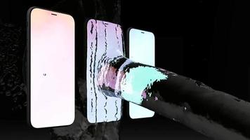 Representación 3d de teléfono móvil de pantalla táctil con salpicaduras de agua sobre fondo oscuro aislado, teléfono inteligente resistente al agua video