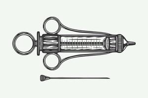 Vintage retro woodcut medical syringe. Can be used like emblem, logo, badge, label. mark, poster or print. Monochrome Graphic Art. Vector. vector