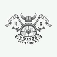 Vintage vikings motivational logo, label, emblem, badge in retro style with quote. Monochrome Graphic Art. Vector Illustration.