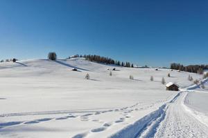 una cabaña de madera en el fondo de la nieve invernal foto