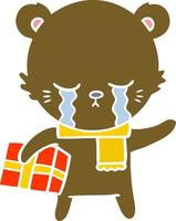 crying flat color style cartoon bear with present vector