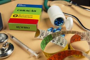 Fake medicine box with the name of the disease Coracao and a glucometer. photo