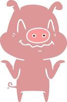 nervous flat color style cartoon pig vector