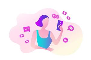 woman shouting in loud speaker with social media icons. Influencer social media marketing, blogger, vlogging, social influencer and influencer marketing concept vector illustration