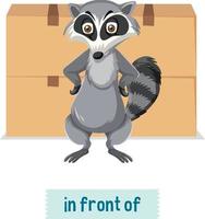 English prepositions, raccoons standing in front of the boxes vector