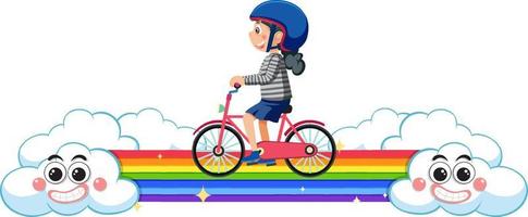 niños montando bicicleta en arcoiris vector