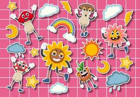 Set of weather sticker cartoon character on grid background vector