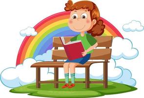 A girl reading book with rainbow backgroybd vector