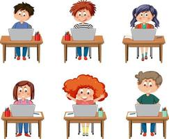 Set of kids using tablet and laptop vector