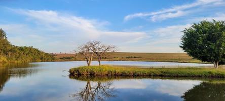 lake with farmland natural landscape in the countryside photo