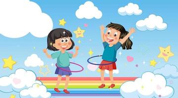 Kids playing hulahoop on rainbow in the sky vector