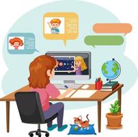 una niña aprendiendo en línea en la computadora vector