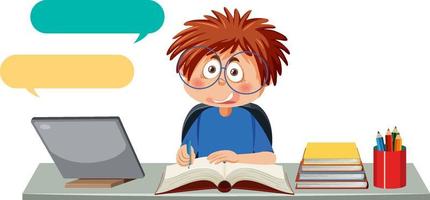 A boy studying online with tablet vector
