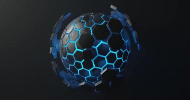 fundo abstrato usando uma forma de bola em movimento com uma textura azul brilhante com um padrão de hexágono circular, renderização 3d e tamanho 4k video