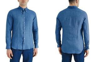 camisa clásica de línea azul con manga larga y bolsillos en el pecho en media vuelta al frente, costado y espalda