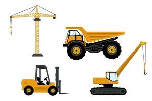 Huge collection of construction equipment. Set of commercial vehicles for construction work. cranes, forklifts, excavator ropes, trucks. Vector illustration.