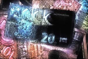 Illustration of glowing euro banknotes with a green kirlian aura around them. photo