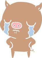 flat color style cartoon pig crying with hands on hips vector